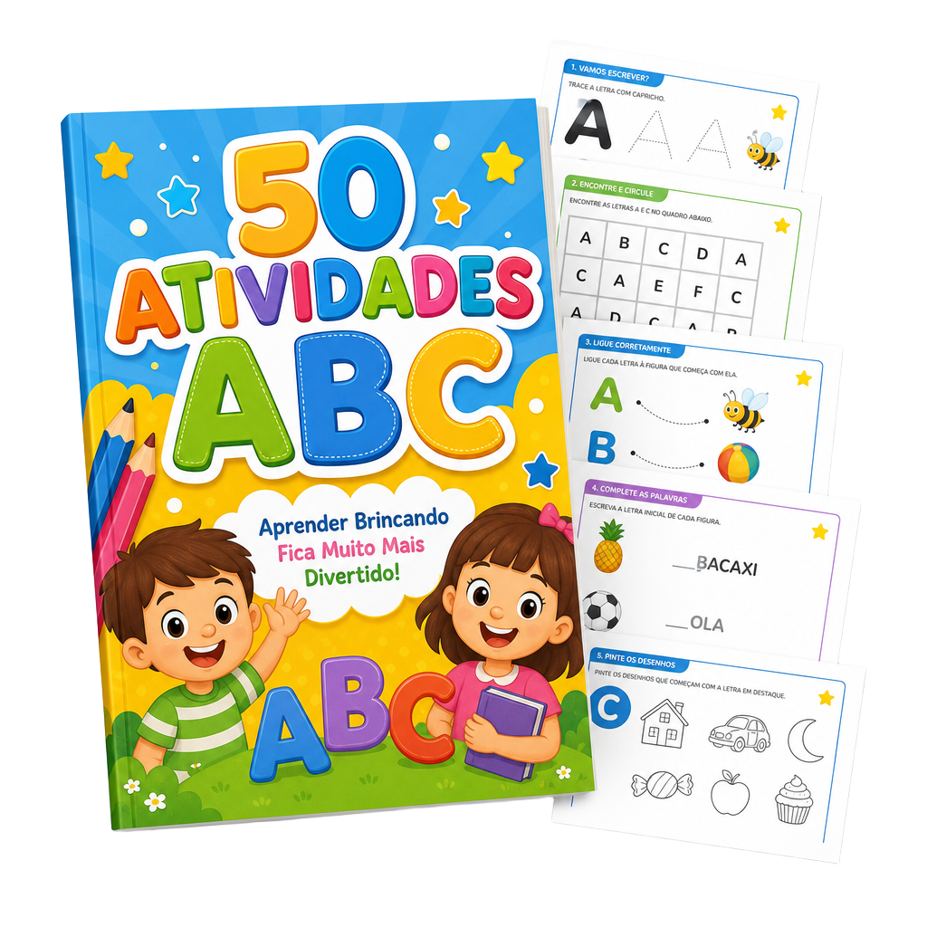 Mockup do material digital 50 Atividades ABC com capa colorida e folhas de atividades